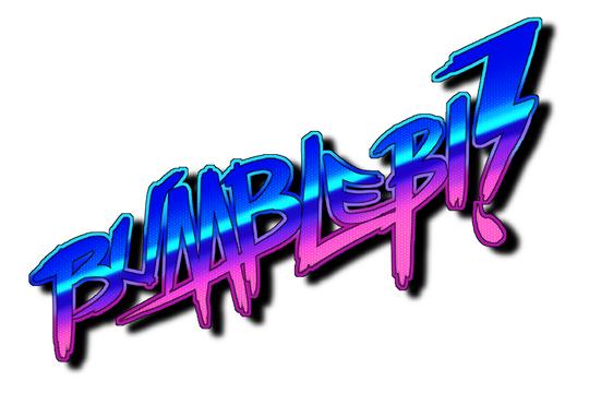 The artist's username, "BUMBLEBI!" is displayed using a handdrawn digital graphic, which is coloured in a gradient of indigo, cyan, and hot pink.
